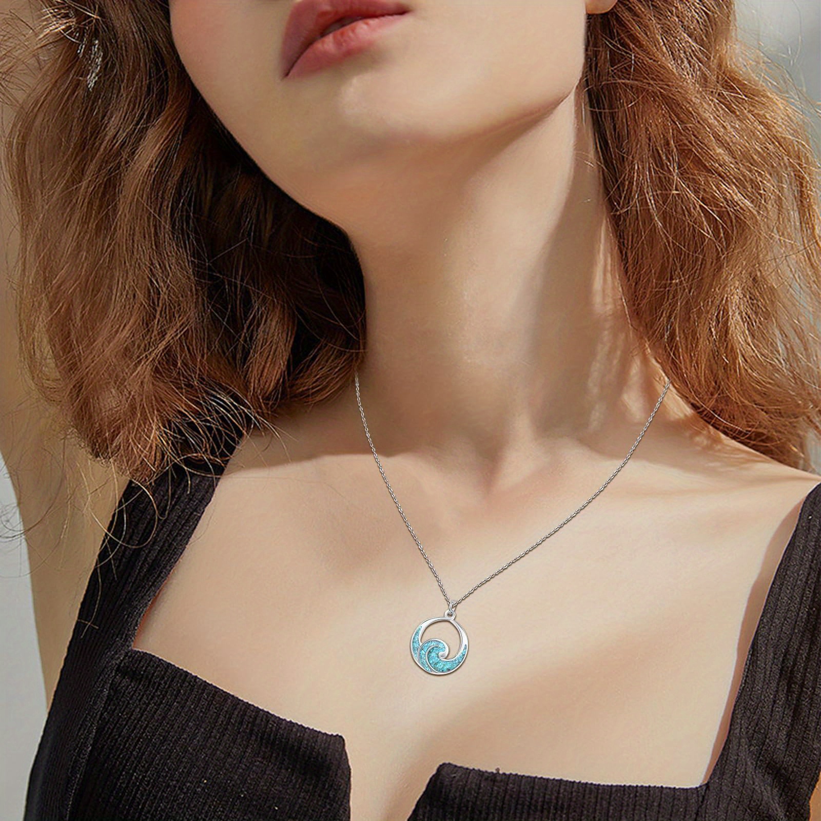 Waves Necklace 925 Sterling Silver Turquoise Crushed Stone Ocean Pendant Jewelry